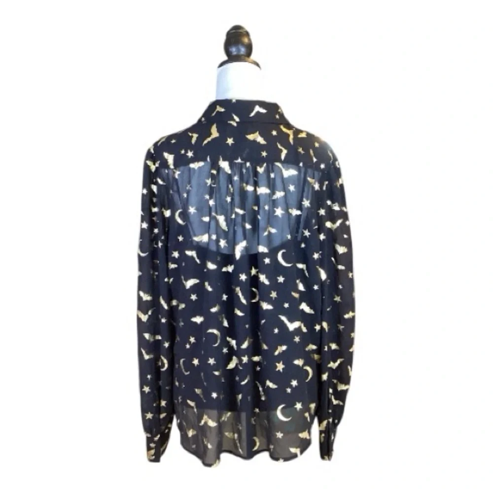 ModCloth NWT Goth Punk Black Gold 2 Piece Sheer Bat & Celestial Print Blouse XL - Picture 3 of 8